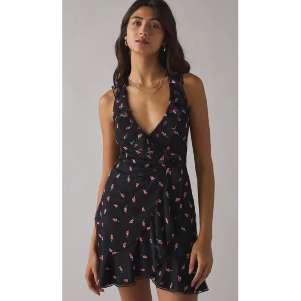 Urban Outfitters Black Wrapped in You Embroidered Rose Ruffle Wrap Dress Large